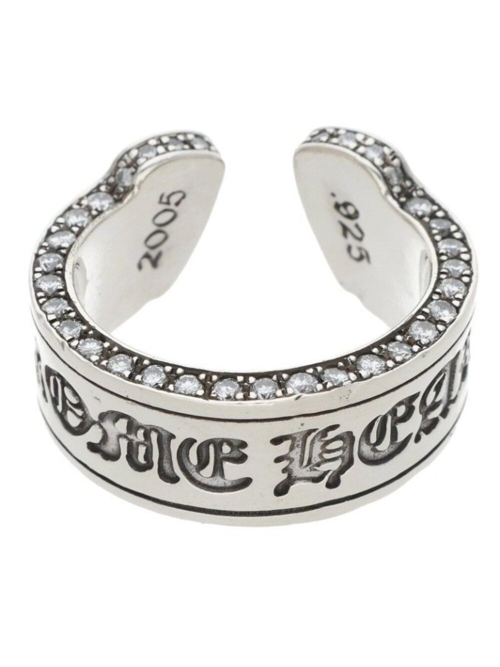 Chrome Hearts LG Scroll Label Large Aftermarket Pave Diamond Silver Ring
